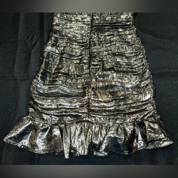 Metallic Silk V-Neck Ruched Ruffle Mini Dress - Picture 11 of 14